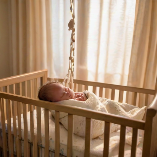 Warm, softly lit image of a newborn baby sleeping in a crib, wrapped in a cozy blanket, soft shadows cast by a mobile hanging above, gentle sunlight filtering through the curtains, a stuffed animal resting beside the baby, the peaceful stillness of the room captured.