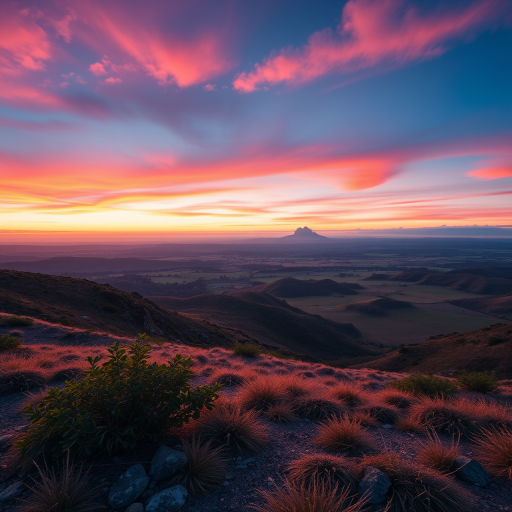 Generate a high-resolution image of a serene landscape at sunrise with vibrant colors, using a Canon EOS R5, 24mm f/1.4 lens, ISO 100, aperture f/8, and shutter speed 1/100 sec, shot in landscape orientation to enhance depth and detail.