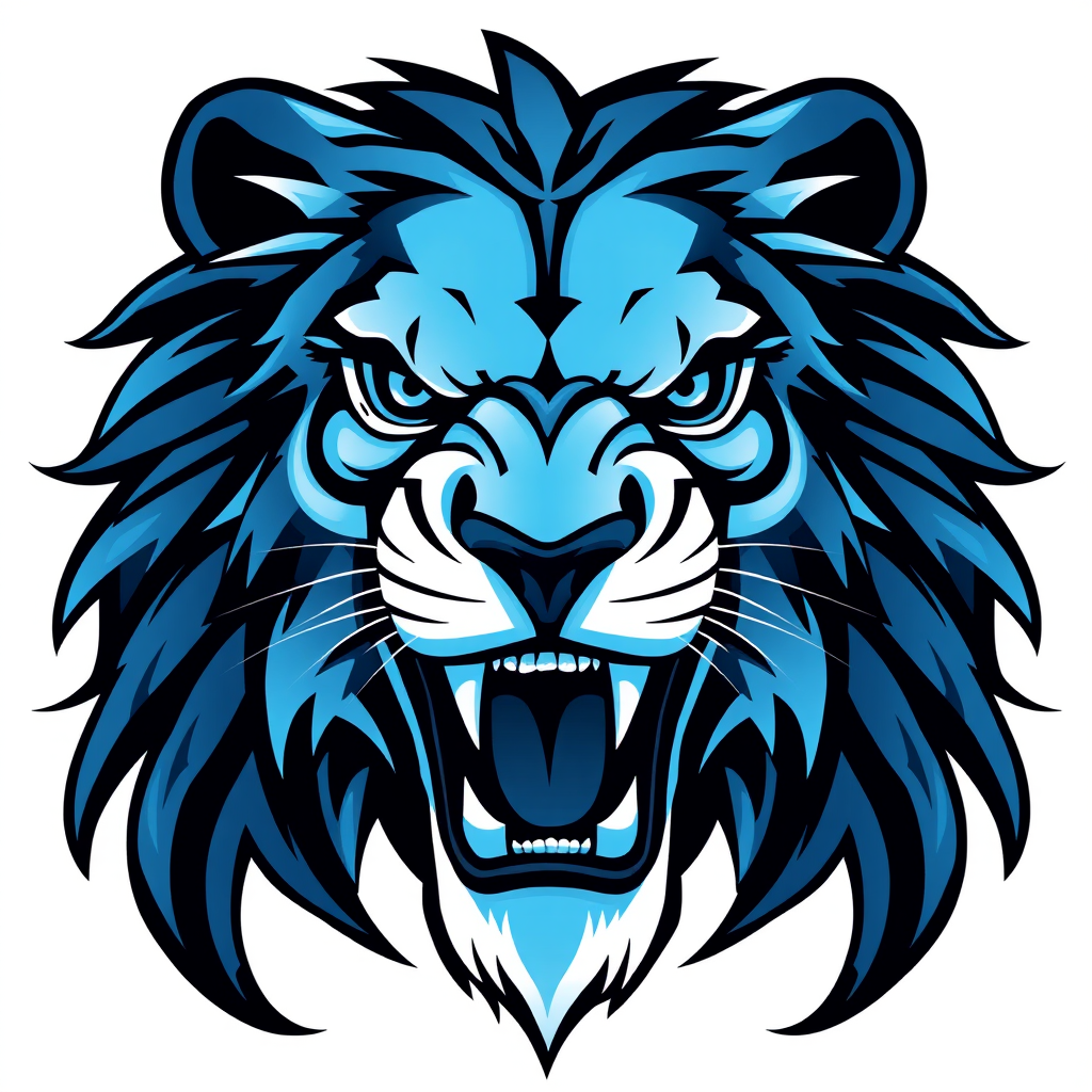 Generate a high-resolution digital illustration of a stylized lion's head in a roaring position, emphasizing sharp details and icy blue tones, using a DSLR camera with a 50mm lens at f/1.8, ISO 100, and a shutter speed of 1/200 sec for clarity and depth.
