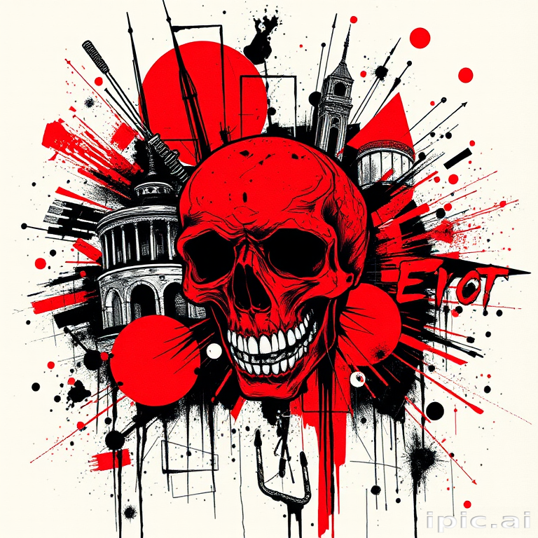 Avant-garde trash polka tattoo called "Urban Chaos" combining bold graphic elements abstract shapes and photorealistic imagery in a dynamic collage-like composition utilizing a limited color palette of black and red to create high contrast and visual impact incorporating typography grunge textures and distressed effects to evoke a sense of urban decay and rebellious energy
