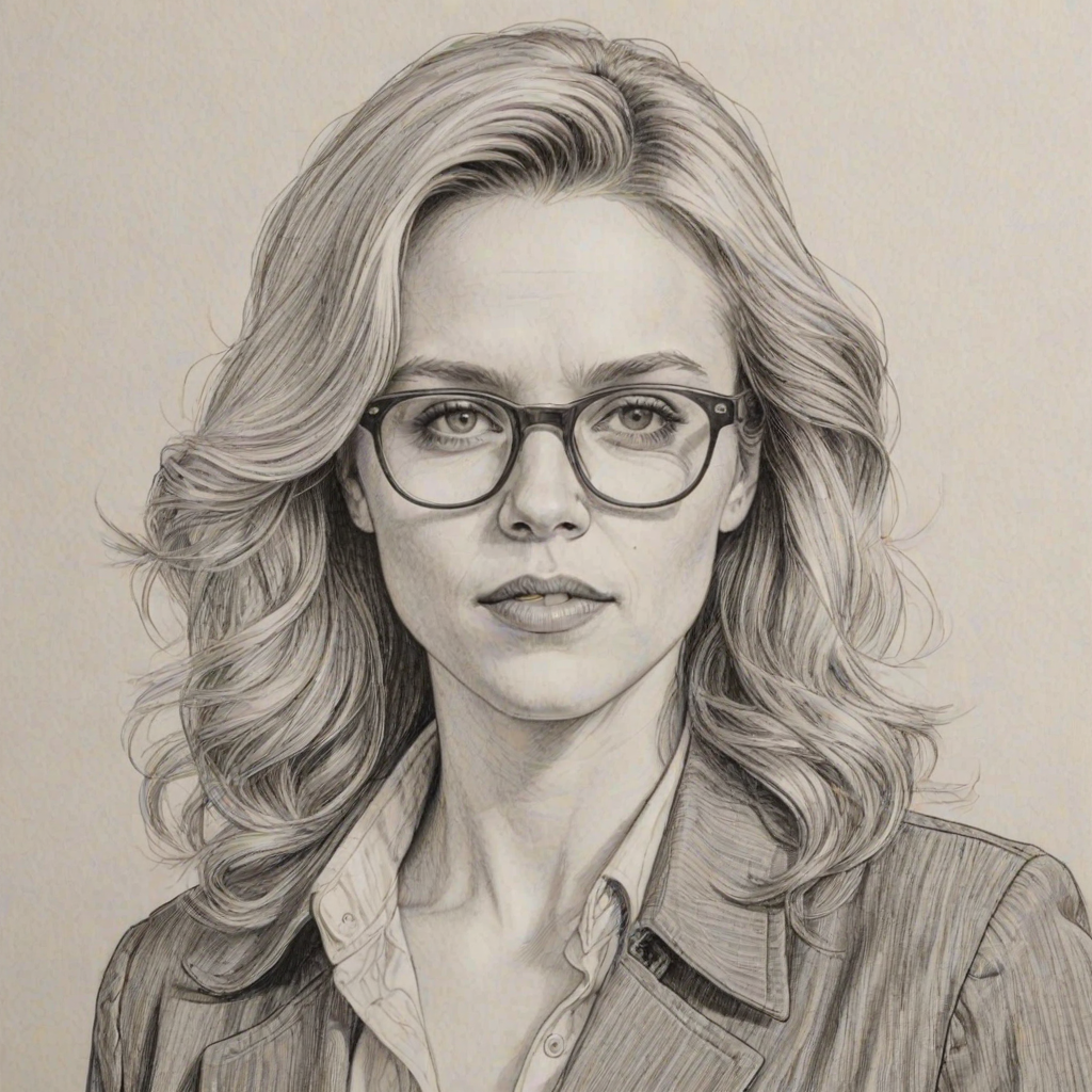 Radiant Kate McKinnon, pencil sketch, portrait of Alluring woman 1973s in glasses, hair style beatnik, outline, clear lines, fine lines, 8k
