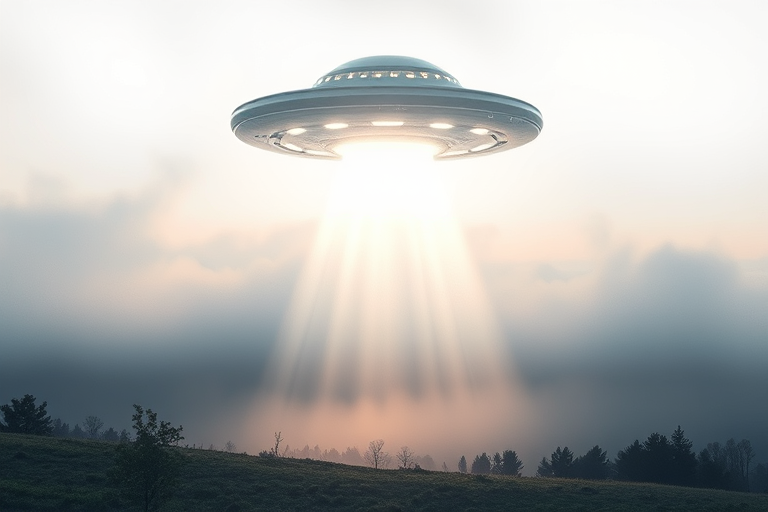 Create a futuristic image of a glowing UFO hovering above a misty landscape with beams of light streaming down, shot with a Canon EOS R5 at f/2.8, ISO 100, 1/125s, in a low-angle perspective with a soft focus background to enhance the ethereal quality.