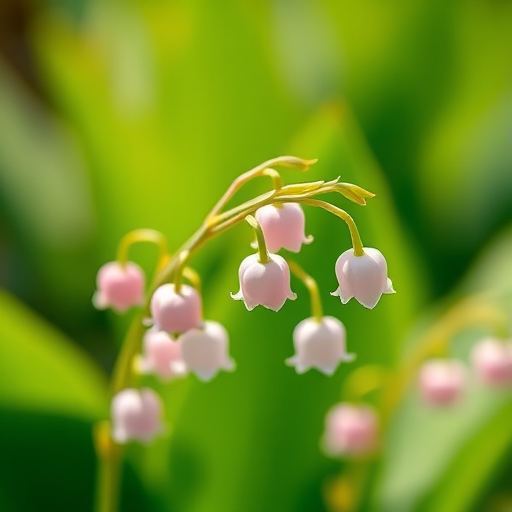 create a close-up shot of delicate pink lilies of the valley flowers in soft natural light, using a DSLR camera with a 50mm lens, aperture set to f/2.8 for a shallow depth of field, ISO 100 for clarity, and a shutter speed of 1/200s to capture detail in the petals against a blurred green background.