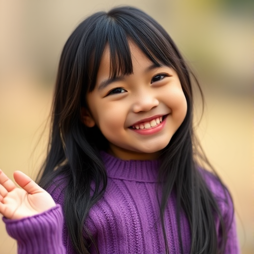 portrait of a joyful young girl with long black hair and a purple sweater, smiling while posing playfully, soft focus background, taken with a Canon EOS R5, 85mm f/1.2 lens, aperture f/2.8, shutter speed 1/200s, natural light, shallow depth of field