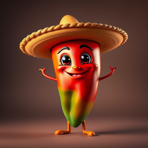 Create an image of a cartoon chili pepper wearing a sombrero with vibrant colors and sharp outlines, shot with a DSLR camera at f/2.8, ISO 100, in a studio setup with diffuse lighting for enhanced details and clarity.