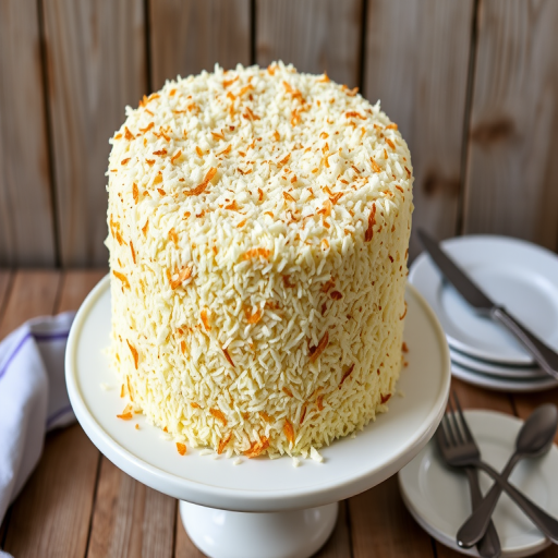 A tall round coconut cake covered in toasted coconut flakes on a white cake stand with a rustic wooden background and a plate with utensils nearby.