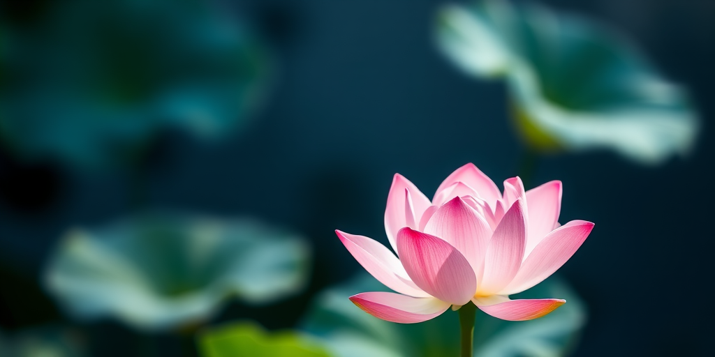 Create a high-resolution watercolor illustration of a dark blue vase with a pink lotus flower and buds, with a blurred soft-focus background, captured with a DSLR camera at f/2.8, 50mm lens, ISO 100, natural light.