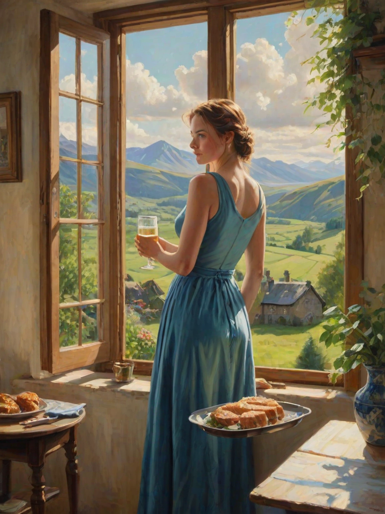 In "A Glass of Beer on the Highland," a serene scene is depicted in a sunlit room where a woman in a vibrant blue dress stands by a large window. She holds a tray with a hearty meal and a frothy glass of beer, embodying a moment of relaxation. Outside, the breathtaking highland landscape features rolling green hills and a charming traditional house, all bathed in warm afternoon light. The interior is adorned with potted plants, creating a harmonious blend of comfort and nature. The painting beautifully captures the tranquility and joy found in simple pleasures amidst stunning scenery