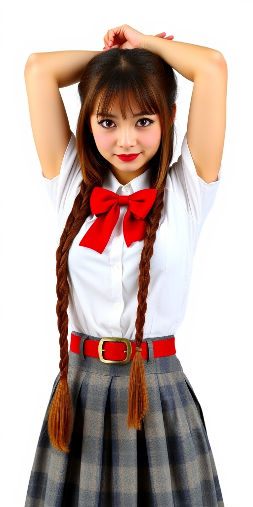 arms behind head, arms up, averting eyes, blush, bow, bowtie, braid, braided bangs, breasts, brown hair, cowboy shot, forehead, grey skirt, long hair, medium breasts, plaid clothes, plaid skirt, pleated skirt, red bow, red bowtie, shirt, shirt tucked in, simple background, skirt, solo, very long hair, white background, white shirt
