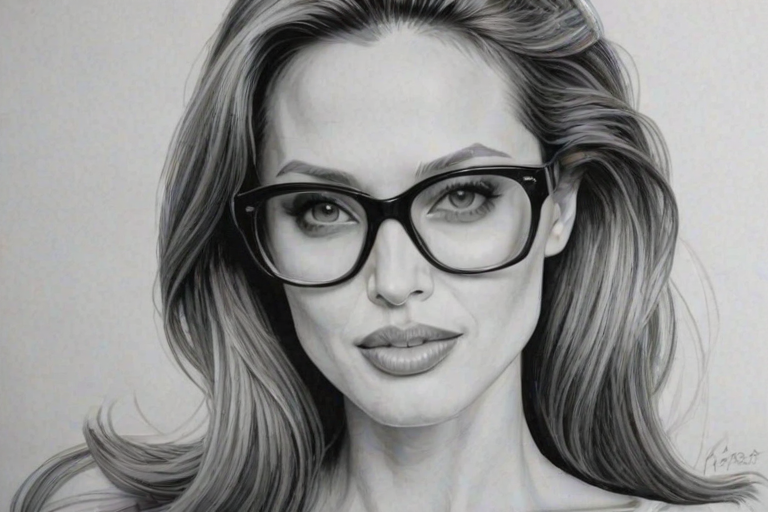 Graceful Angelina Jolie, pencil sketch, portrait of Splendid woman 1966s in glasses, hair style beatnik, outline, clear lines, fine lines, 8k