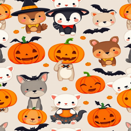 Create a seamless pattern of cute cartoon animals dressed for Halloween with pumpkins and bats, using a Canon EOS R5 with a 50mm f/1.8 lens, aperture set to f/5.6, ISO 100, natural lighting, and a flat lay view to enhance image clarity and vibrancy.
