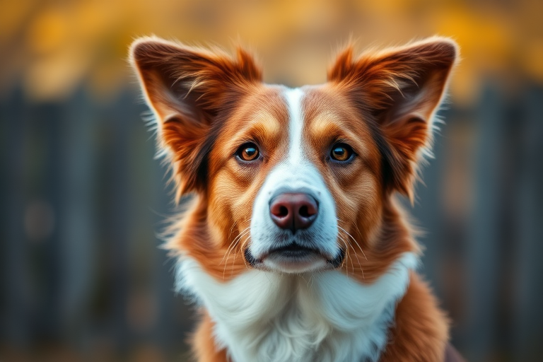 Generate a high-resolution portrait of a brown and white border collie against a blurred outdoor background, captured with a DSLR camera at f/2.8, ISO 100, 50mm lens, in natural lighting with a focused, shallow depth of field.