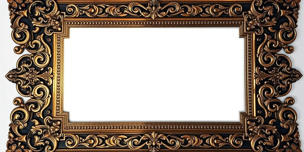 Create an ornate, antique photo frame with intricate patterns, high-resolution digital image, shot with a 50mm lens at f/1.8, ISO 100, in soft natural lighting, with a top-down view to enhance texture and details.