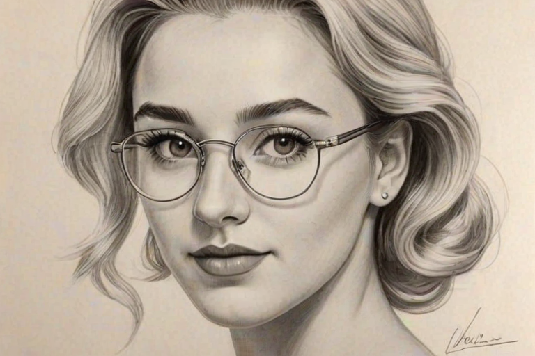 Magnificent Chloe Lukasiak, pencil sketch, portrait of Superb woman 1949s in glasses, hair style beatnik, outline, clear lines, fine lines, 8k
