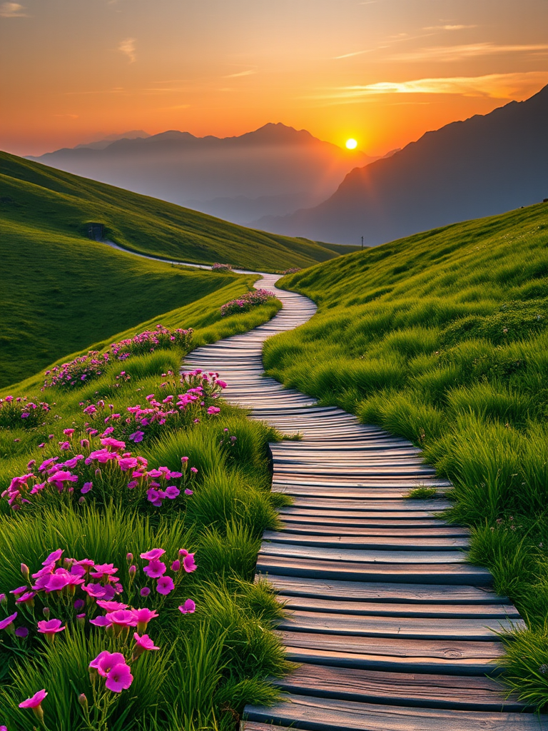 high-resolution landscape of a wooden pathway winding through lush green hills at sunset, vibrant pink and purple flowers along the sides, with a misty mountain backdrop, taken with a Canon EOS 5D Mark IV, 24mm lens, aperture f/8, shutter speed 1/60s, ISO 100, golden hour lighting, soft focus on background.