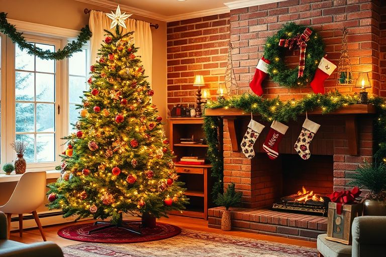 Generate a cozy living room scene during the holiday season. Include a beautifully decorated Christmas tree adorned with lights and ornaments, placed next to a brick fireplace. Above the fireplace, display festive stockings. The room should have warm lighting, creating a welcoming atmosphere. Add a decorative tree skirt under the tree and some holiday decorations in the background.