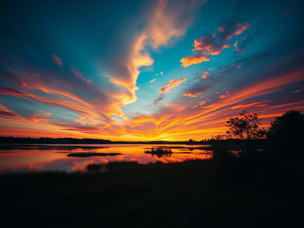 Generate a high-resolution image of a serene landscape at sunset with vibrant clouds reflecting on a lake, captured with a Canon EOS R5, 24mm f/1.4 lens, ISO 100, shutter speed 1/200 seconds, using a wide-angle view in a cinematic style.
