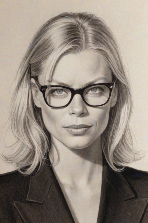 Gorgeous Peta Wilson, pencil sketch, portrait of Superb woman 1933s in glasses, hair style beatnik, outline, clear lines, fine lines, 8k