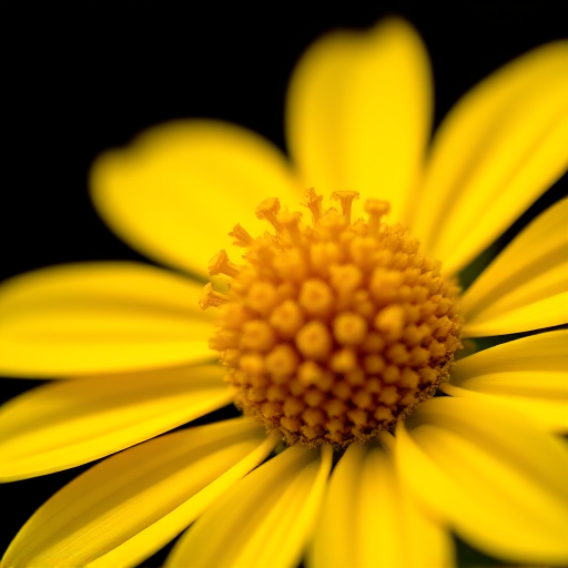 Yellow flower on black background, macro shot, 50mm lens, f/2.8 aperture, ISO 100, 1/200 sec shutter speed, soft diffused lighting, capture with a DSLR camera.