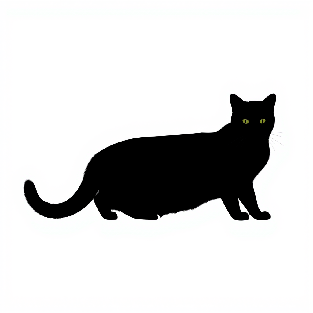 Generate a high-resolution image of a minimalist black cat silhouette on a white background with 50mm lens, f/1.8 aperture, 1/200 sec shutter speed, ISO 100, shot from a straight-on view using a DSLR camera.