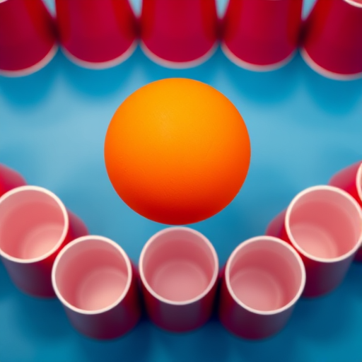 A vibrant arrangement of red cups with an orange ping pong ball positioned on top, captured with a DSLR camera at f/2.8, ISO 100, and a shutter speed of 1/200s, in a top-down view, using a macro lens to enhance the clarity and detail of the cups and ball.