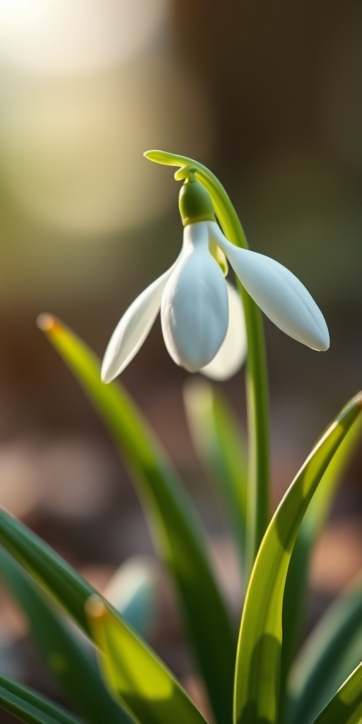 high-resolution illustration of a snowdrop flower with a soft-focus background, captured using a macro lens at f/2.8, shutter speed 1/200s, ISO 100, from a low angle perspective to emphasize the delicate petals and green leaves, using a DSLR camera for detail and clarity