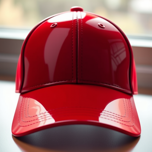 Create a high-resolution digital illustration of a red baseball cap featuring glossy highlights and sharp contrast, using a Canon EOS 5D Mark IV camera with a 50mm lens at f/2.8, in natural lighting from a 45-degree angle to enhance the three-dimensional effect.
