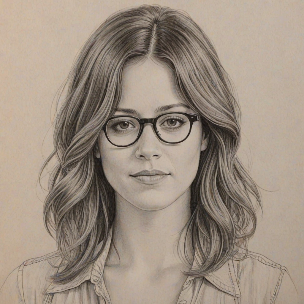 Enticing Kimberly McCullough, pencil sketch, portrait of Stunning woman 1975s in glasses, hair style beatnik, outline, clear lines, fine lines, 8k