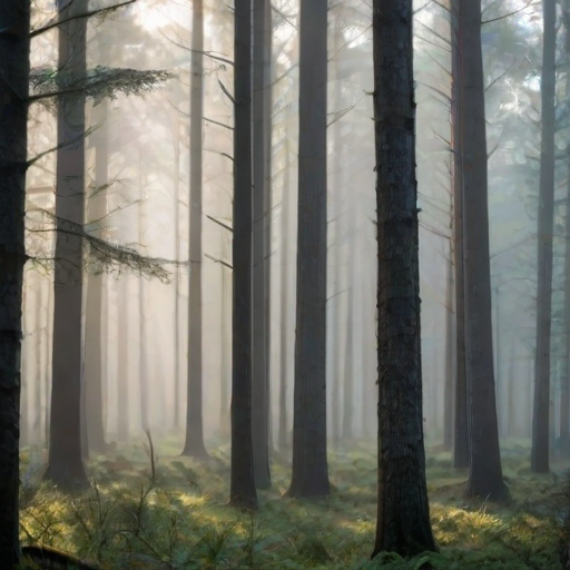 Soft-focus image of a misty forest in the early morning, with tall trees fading into the background, soft beams of light filtering through the branches.