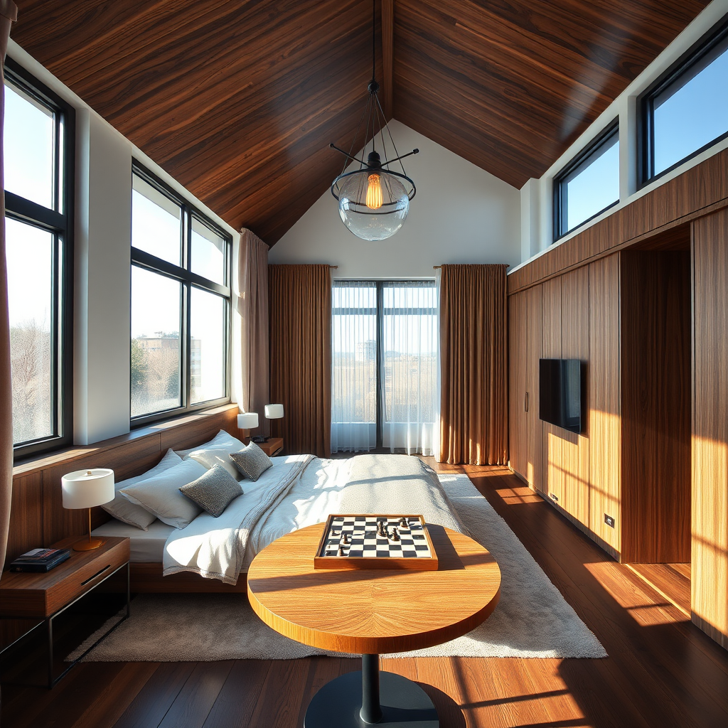 interior of a modern bedroom with wooden accents, a stylish light fixture, and a chessboard on a round table, natural light streaming through large windows, camera settings: f/2.8, ISO 200, shutter speed 1/60s, camera view: wide angle, camera style: HDR, camera type: DSLR