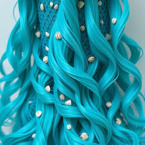 Vibrant teal mermaid waves cascade down to the waist, shimmering with iridescent highlights and adorned with tiny seashells, creating a mesmerizing oceanic allure named Aquamarine Siren