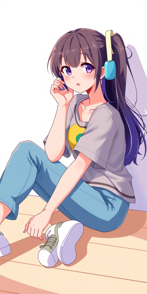 female character illustration sitting on the floor, casual outfit, playful pose, vibrant colors, 50mm lens, f/1.8 aperture, natural lighting, high-resolution digital art