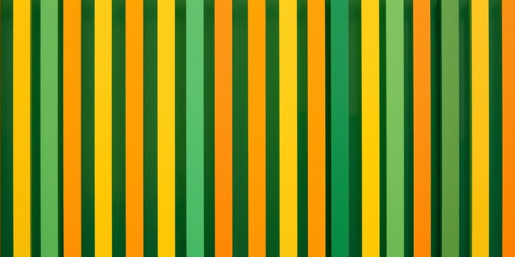 Create an abstract image with vertical stripes in yellow, orange, and green, captured using a DSLR camera with a 50mm lens, f/1.8 aperture, 1/125s shutter speed, ISO 100, shot in natural light from a frontal view.