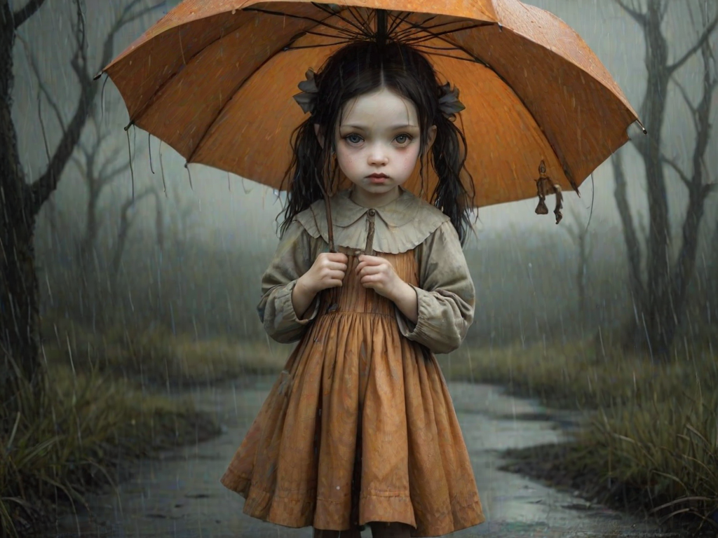 An eerie, weird little girl with dark hair in thin pigtails, wearing a smock dress, standing in the rain, holding a dirty orange umbrella, a small, odd creature beside her. In a surreal style inspired by Nicoletta Ceccoli and Brian Froud. Dark fantasy themes