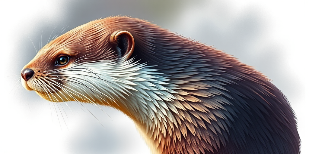 generate a detailed illustration of an otter, side view, with vibrant colors and realistic fur texture, using a DSLR camera with a 50mm lens, aperture f/2.8, ISO 200, natural lighting, and a shallow depth of field for enhanced clarity and focus on the subject.
