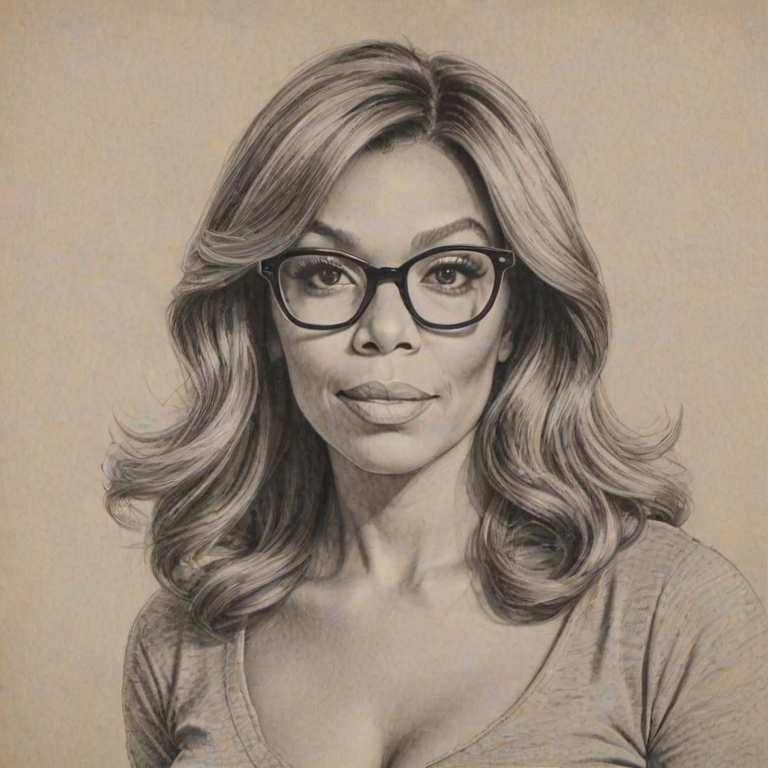 Appealing Wendy Williams, pencil sketch, portrait of Resplendent woman 1957s in glasses, hair style beatnik, outline, clear lines, fine lines, 8k