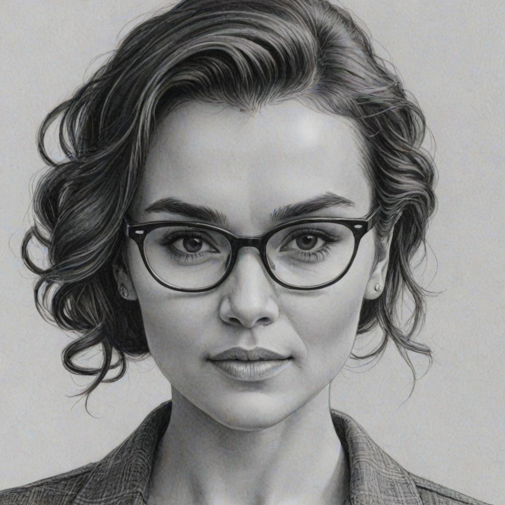 Beauteous Samantha Barks, pencil sketch, portrait of Magnificent woman 1951s in glasses, hair style beatnik, outline, clear lines, fine lines, 8k