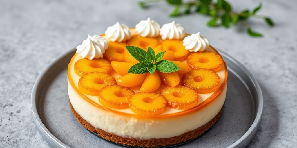 Create an image of a beautifully decorated cheesecake topped with caramelized pineapple slices and orange segments arranged in a circular pattern with whipped cream swirls and a sprig of fresh mint on top. The cake is on a gray plate with a textured surface, and there are hints of greenery in the background.