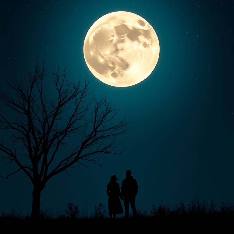 Generate an image of a couple standing under a large, glowing full moon with a silhouette of a bare tree in the foreground, captured with a DSLR camera at f/2.8, ISO 100, 24mm lens, and a wide-angle perspective, emphasizing the night sky and starry background.