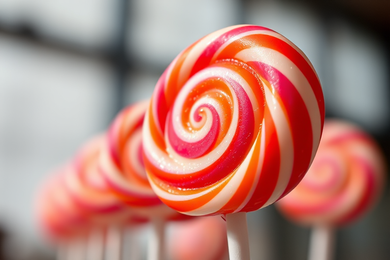 Generate a high-resolution image of a colorful lollipop with a vibrant orange and red design, featuring pink and white circular accents, taken from a close-up perspective under natural lighting, using a DSLR camera with a 50mm lens, f/1.8 aperture, ISO 200, and a shallow depth of field to enhance detail and focus on the lollipop.