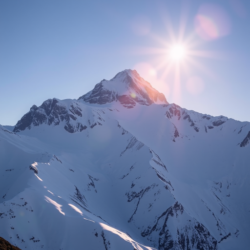 Capture a radiant snowy mountain landscape at sunrise with a sharp focus on the peak, using a Canon EOS 5D Mark IV with a 24-70mm lens at f/8, ISO 100, and a shutter speed of 1/250s, shot from a low angle to emphasize the grandeur of the mountains while maintaining a clear blue sky backdrop.