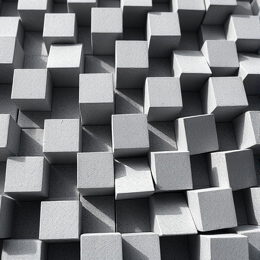 Create a 3D representation of interlocking gray cubes arranged in a triangular pattern, using a DSLR camera with a 50mm lens at f/1.8, ISO 200, and a shallow depth of field for enhanced clarity and contrast, shot from an elevated angle with soft natural lighting to highlight the shapes and shadows.