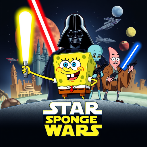 Create a parody of the Star Wars poster with SpongeBob as Luke Skywalker, holding a glowing spatula like a lightsaber. Patrick Star takes the role of Han Solo, holding a blaster, while Squidward is Obi-Wan Kenobi, draped in robes. In the background, Plankton appears as Darth Vader, with Bikini Bottom’s landmarks reimagined as spaceships and planets. The iconic Star Wars logo is swapped for "Sponge Wars," creating a playful, sci-fi adventure scene.