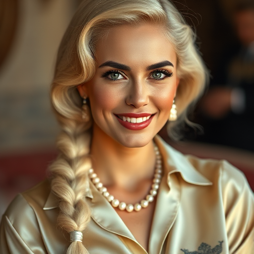 A beautiful Native American woman reminiscent of 1950s Hollywood glamour, with perfectly styled blonde hair and a seductive smile, dressed in a satin blouse and adorned with pearls, soft and warm tones, photorealistic, 8K