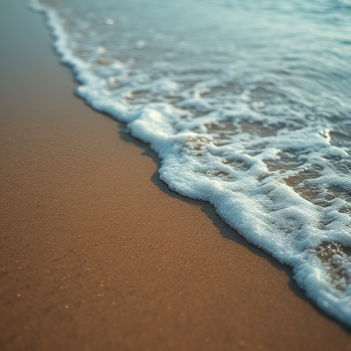 beach scene focusing on the gentle waves lapping against the shore, Canon EOS R5, 50mm f/1.8 lens, aperture f/8, ISO 100, soft natural light, shallow depth of field, slightly overhead view