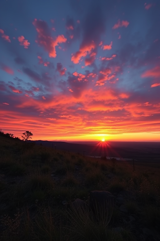 Create a high-resolution image of a serene landscape during sunset, with vibrant colors in the sky, using a 24mm lens, f/8 aperture, ISO 100, 1/125 sec shutter speed, taken from a wide-angle view with a DSLR camera.