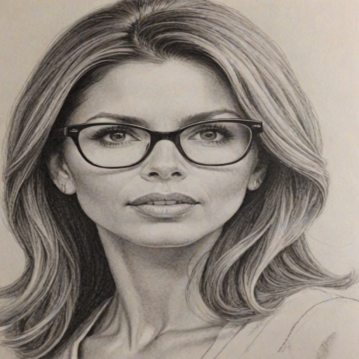Appealing Charisma Carpenter, pencil sketch, portrait of Enchanting woman 1964s in glasses, hair style beatnik, outline, clear lines, fine lines, 8k