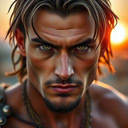 portrait of a muscular warrior with intense green eyes, sunset lighting, soft bokeh background, Canon EOS R5, 50mm f/1.2 lens, ISO 100, f/1.2, 1/200s, shallow depth of field
