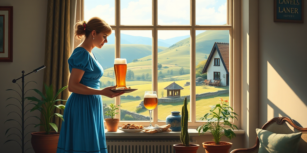 In "A Glass of Beer on the Highland," a serene scene is depicted in a sunlit room where a woman in a vibrant blue dress stands by a large window. She holds a tray with a hearty meal and a frothy glass of beer, embodying a moment of relaxation. Outside, the breathtaking highland landscape features rolling green hills and a charming traditional house, all bathed in warm afternoon light. The interior is adorned with potted plants, creating a harmonious blend of comfort and nature. The painting beautifully captures the tranquility and joy found in simple pleasures amidst stunning scenery