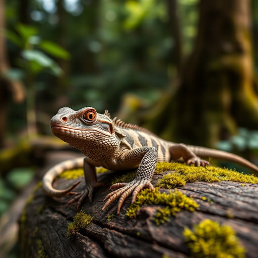 a highly detailed close-up of a textured lizard resting on a mossy log in a lush forest, with soft natural lighting, aperture f/2.8, shutter speed 1/200s, ISO 100, 50mm lens, macro photography style, DSLR camera type